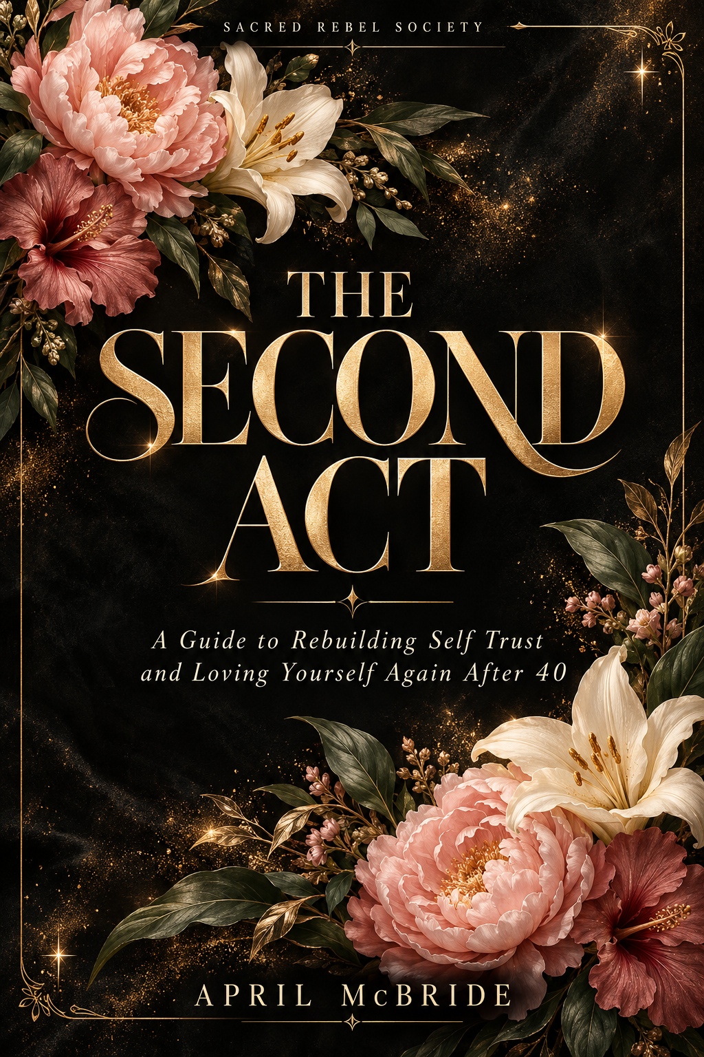 The Second Act cover, with gold lettering and blush flowers on black, by April McBride